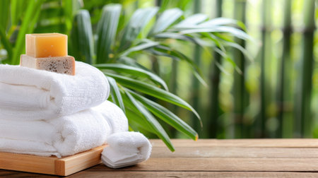 Discover a serene spa setup featuring soft white towels stacked neatly with natural soap and lush greenery, perfect for relaxation and pampering.の素材