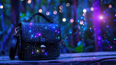 A chic black bag featuring a galaxy print, set against a dreamy night sky filled with sparkling stars and colorful bokeh lights. Perfect for fashion enthusiasts.の素材