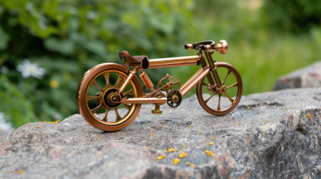 A stunning vintage brass bicycle model resting on a natural stone surface, highlighting the beauty of craftsmanship amidst lush greenery and wildflowers.の素材