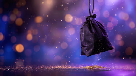 A stunning dark fabric bag releasing sparkling golden dust, set against a vibrant bokeh background. Ideal for themes of celebration and magic.の素材