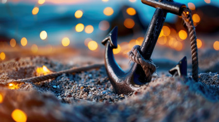 A vintage anchor sits peacefully on a sandy beach, surrounded by enchanting bokeh lights at sunset, capturing the essence of tranquility and relaxation.の素材