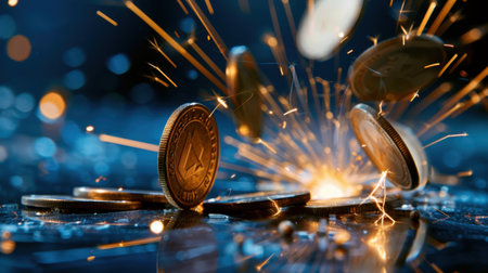 A detailed close-up of coins surrounded by dynamic sparks emitting light on a reflective surface, set against a captivating dark background.の素材
