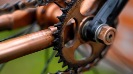 This close-up image captures the intricate details of a copper bicycle chainring, showcasing its unique gear teeth and mechanical components, perfect for cycling enthusiasts.の素材