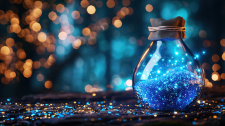 A stunning glass jar filled with shimmering stardust rests on a wooden surface, surrounded by sparkling bokeh lights, creating a magical and dreamy ambiance.の素材
