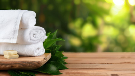 A serene arrangement featuring soft white towels and natural soap placed on a wooden board, complemented by lush green leaves, perfect for a calming spa or bathroom setting.の素材