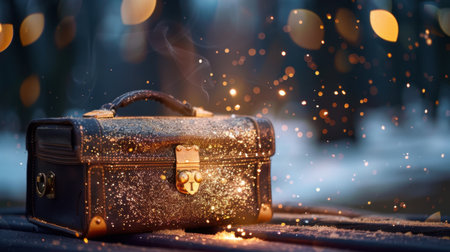 A vintage suitcase placed in an enchanting outdoor setting at dusk, surrounded by sparkling light, creating a magical atmosphere perfect for storytelling.の素材