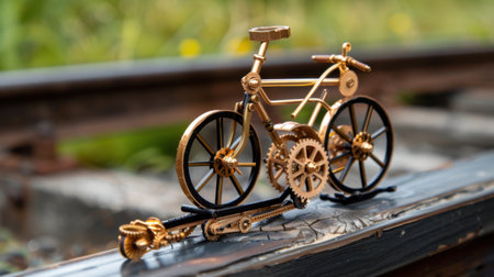 A beautifully crafted vintage-style metal bicycle model placed on a wooden surface with a blurred green nature backdrop, ideal for creative projects.の素材