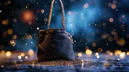 This captivating image features a stylish black handbag resting on a sparkling surface, surrounded by enchanting bokeh lights that create a dreamy atmosphere.の素材