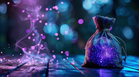 This enchanting image features a magical bag emanating colorful light sparks and ethereal smoke, set against a rustic wooden background. Perfect for fantasy themes.の素材