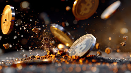 Dynamic close-up shot of falling bitcoin coins creating an explosion of dust and particles on a dark surface, showcasing the energy of digital currency.の素材