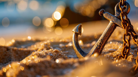 Captured at sunset, this image features a detailed close-up of an old anchor resting on a sandy beach, surrounded by sparkling ocean waves and warm sunlight, evoking tranquility.の素材
