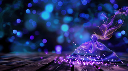 A captivating image of a magical pouch releasing colorful sparks and ethereal smoke, set against a dreamy bokeh background and wooden surface.の素材