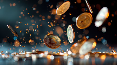 Close-up view of falling coins showcasing the intricate details and shine of digital currency, representing the dynamic world of cryptocurrency investment.の素材