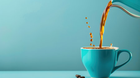 A vibrant blue cup filled with freshly brewed coffee is captured mid-pour, showcasing an aesthetic beverage scene against a soft blue background.の素材