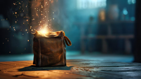 A captivating leather bag emits a soft glow, surrounded by sparkling dust particles in a dimly lit environment, evoking a sense of mystery and enchantment.の素材