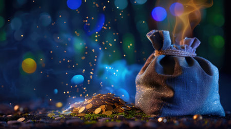 A captivating image of a bag filled with coins surrounded by sparkling dust. The enchanting forest setting emphasizes mystery and magic, creating a surreal atmosphere.の素材