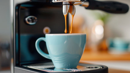 A close-up view of espresso being freshly brewed into a light blue cup, showcasing modern coffee equipment in a warm kitchen setting, emphasizing comfort and daily ritual.の素材