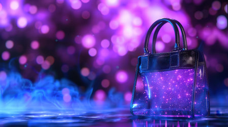 A visually striking handbag featuring a vibrant purple hue and captivating sparkles, perfectly blending fashion with artistic allure and modern elegance.の素材