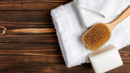 A serene arrangement of white towels, a natural brush, and a bar of soap on rustic wood, perfect for promoting relaxation and personal care rituals.の素材