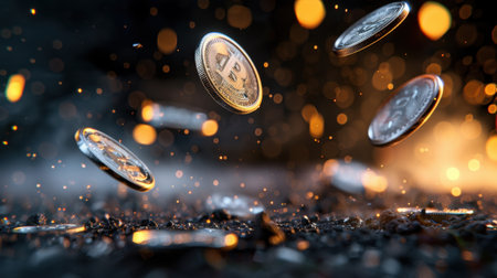 Dynamic view of sparkling Bitcoin coins falling through the air, symbolizing the innovative world of digital currency and modern finance.の素材