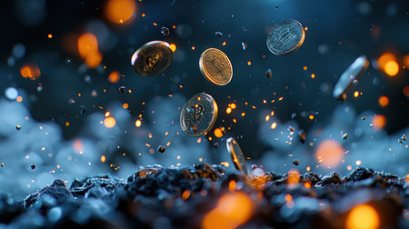 A captivating image depicting shiny coins gracefully floating above a dark gravel surface, surrounded by sparks and ambient light, creating a mystical atmosphere.の素材