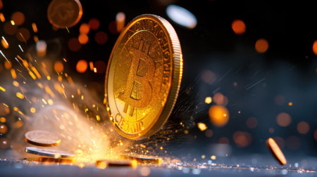 A dramatic visualization of a glowing Bitcoin coin surrounded by sparks and floating coins, symbolizing the rising trend of digital currencies in modern finance.の素材