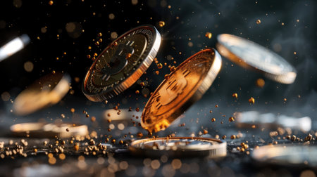 This captivating image showcases Bitcoins in mid-air, surrounded by glimmering particles. The dynamic motion against a dark background highlights the essence of digital currency and its impact on modern finance.の素材