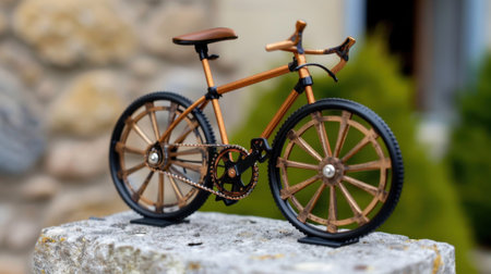 A detailed vintage bicycle model is elegantly displayed on a rough stone surface, surrounded by a softly blurred background of lush greenery and subtle architecture.の素材