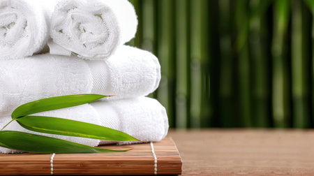 This image features soft white towels stacked neatly on a wooden surface, enhanced by lush bamboo foliage nearby. Ideal for spa and wellness themes.の素材