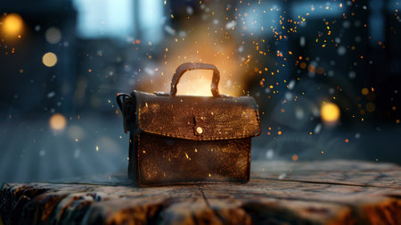 A charming vintage leather bag rests on a rustic wooden surface, illuminated by glowing sparks, creating a warm and inviting atmosphere ideal for showcasing craftsmanship.の素材