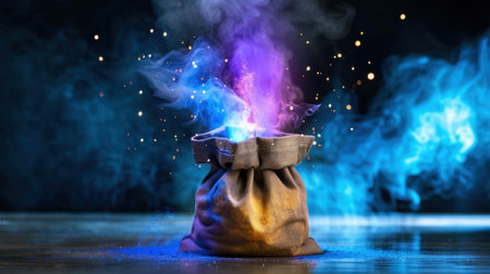 A stunning depiction of a magical bag emitting colorful smoke and glittering particles in a dark background, evoking a sense of mystery and wonder.の素材
