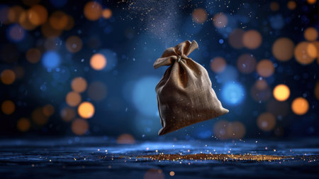 A captivating floating fabric bag surrounded by shimmering lights and ethereal particles, creating a dreamy ambiance perfect for various designs.の素材