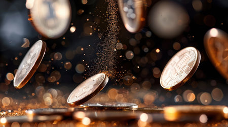 Captivating image of coins falling from above, surrounded by shimmering particles and a sparkling background, representing wealth and financial growth.の素材