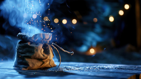An enchanting fabric bag emits sparkling dust with an ethereal glow, placed on a rustic wooden table under a night sky, creating a magical atmosphere.の素材