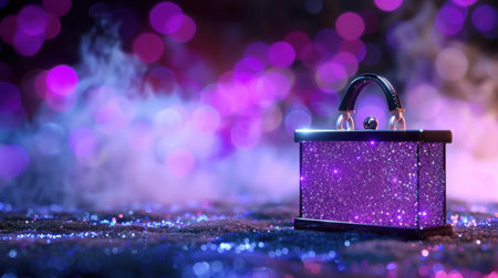 This captivating image features a dazzling purple glitter purse set against a blurred, sparkling background. The ambient light enhances its luxurious appeal, making it perfect for fashion and beauty themes.の素材