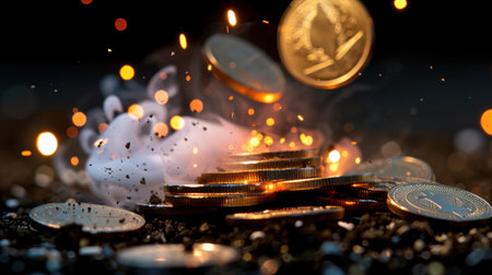 Captivating close-up of shiny coins cascading in a dark environment, creating a striking visual with sparks and glowing dust, ideal for finance-related themes.の素材