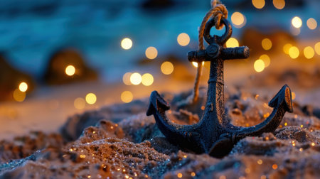 An antique metal anchor rests on sandy beach during twilight, surrounded by soft glowing lights, evoking a sense of peace and adventure by the sea.の素材