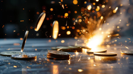 This captivating image depicts coins caught in motion amid dazzling sparks, evoking themes of finance and investment with a dramatic flair.の素材