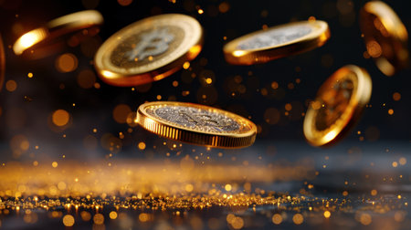 An artistic representation of Bitcoin coins elegantly falling through the air with sparkling particles. The dark background enhances the luminous effect, symbolizing modern finance.の素材