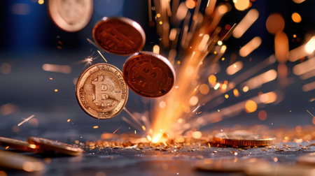 A captivating scene showcasing bitcoin coins descending amid vibrant sparks, embodying energy and innovation in the realm of cryptocurrency finance.の素材