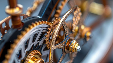 This stunning close-up showcases intricate vintage gears and cogs, highlighting the beauty of steampunk design and craftsmanship in mechanical engineering.の素材