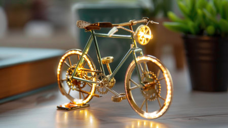 This beautiful decorative bicycle model features LED lights, highlighting its intricate design and craftsmanship, perfect for enhancing a cozy indoor environment.の素材