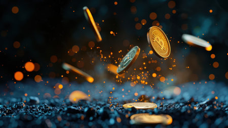 Captivating scene of golden coins cascading down with shimmering sparks, set against a dark background that evokes feelings of wealth and opportunity.の素材