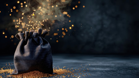 A captivating image featuring a mysterious bag spilling gold dust and sparkling particles amid swirling smoke, set against a dark, textured background.の素材