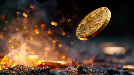 A mesmerizing shot of a golden coin suspended above glowing embers and dark ashes, capturing the allure of wealth and the energy of fire.の素材
