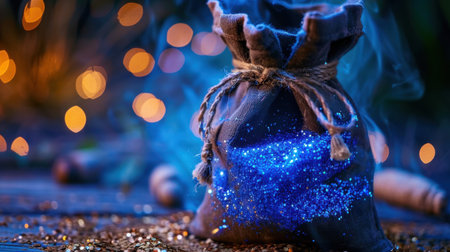 A captivating fabric bag filled with sparkling glitter rests on a wooden surface, surrounded by soft glowing lights. The perfect blend of charm and enchantment.の素材