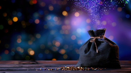A captivating image of a magical bag releasing sparkling dust against a colorful bokeh background, evoking a sense of wonder and fantasy. Perfect for creative projects.の素材