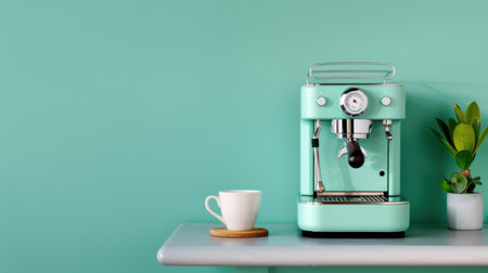 A stylish vintage espresso machine sits on a sleek countertop alongside a white cup and a small green plant. The mint-colored background creates a serene atmosphere perfect for any modern kitchen setting.の素材