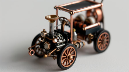 This captivating image features a vintage mini steam engine car model, showcasing intricate brass and copper details, perfect for collectors and enthusiasts.の素材