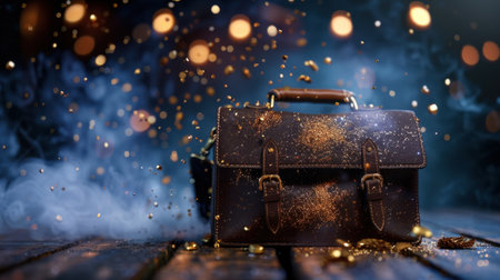 A stunning vintage leather bag surrounded by shimmering golden sparkles on a wooden surface. This enchanting scene embodies creativity and elegance, perfect for any artistic endeavor.の素材